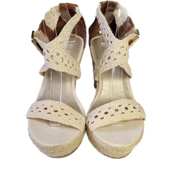 Brash Neutral Beige Ivory Crochet Straps Wedge Espadrille Sandals sz 9 - Picture 3 of 8